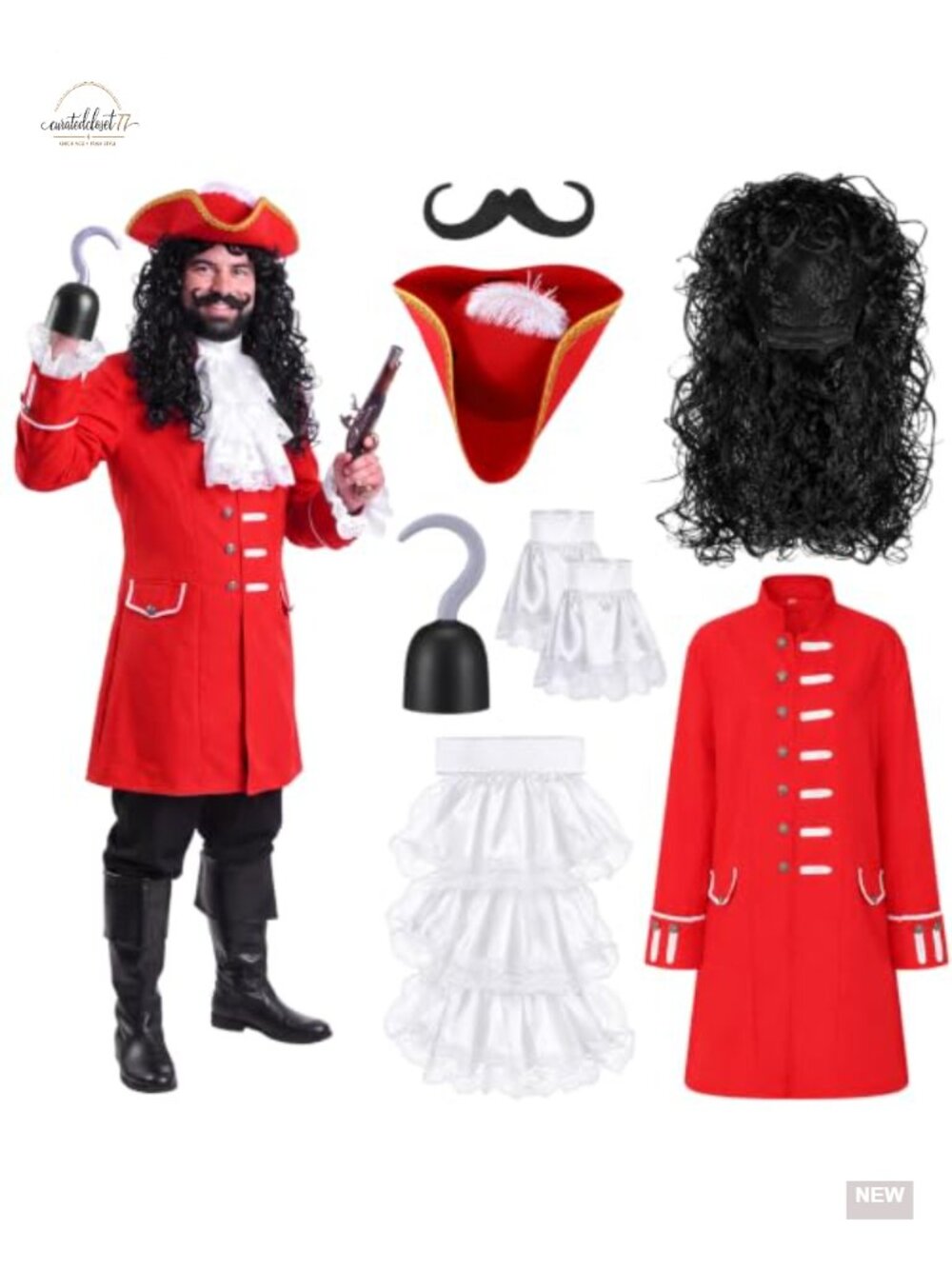 Adult Pirate Captain Halloween Costume Set 7 Pieces Red Tailcoat Jacket with